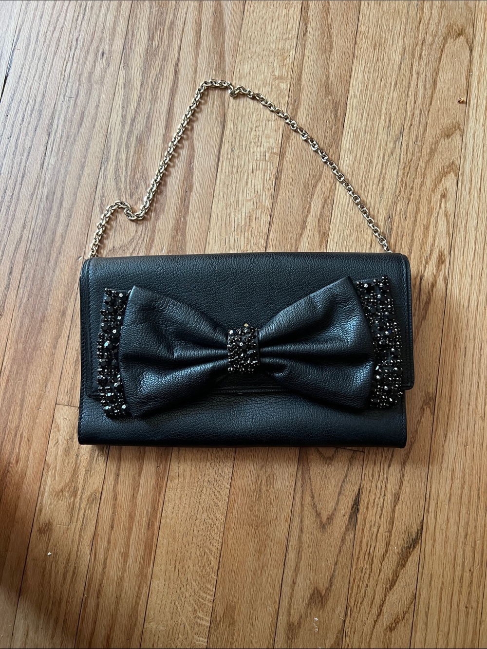 kate spade Black Leather Bow Clutch with Chain Strap